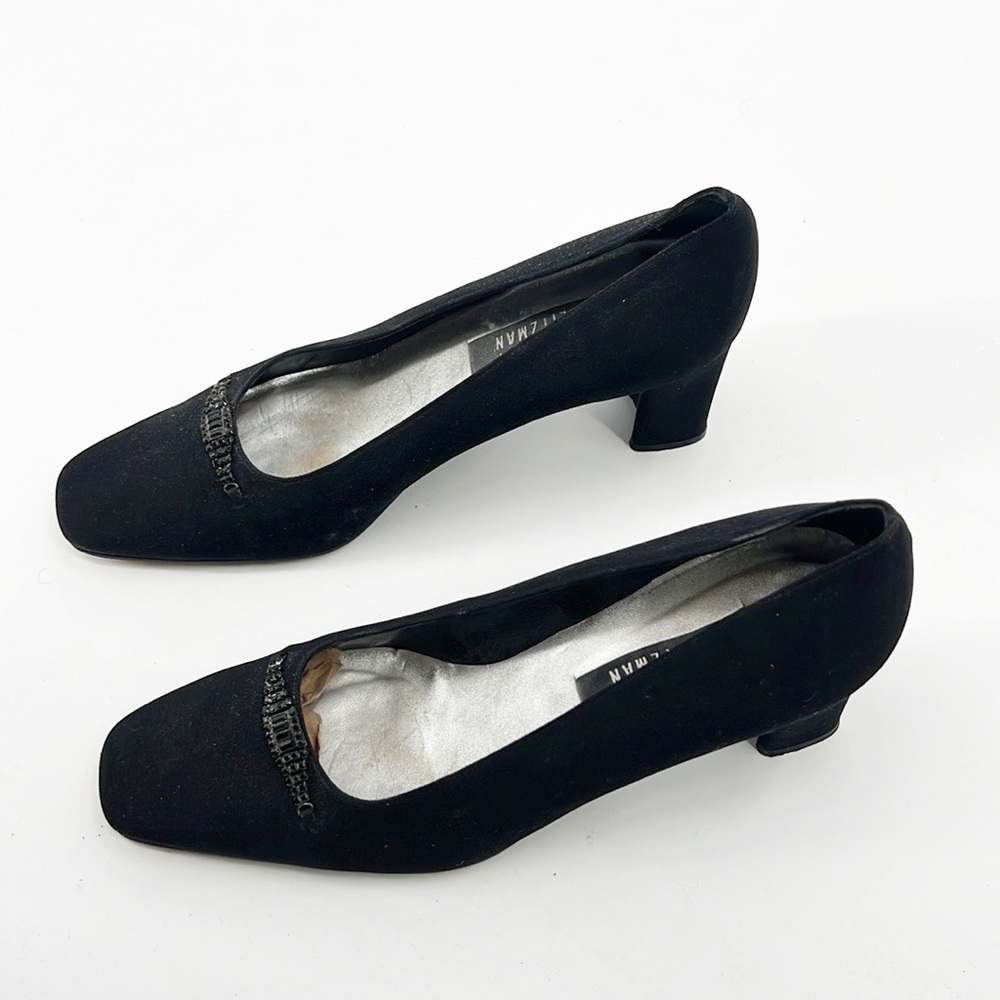 Stuart Weitzman Black Fabric Rhinestone Detail block heel size 9.5 Vintage - Picture 6 of 14